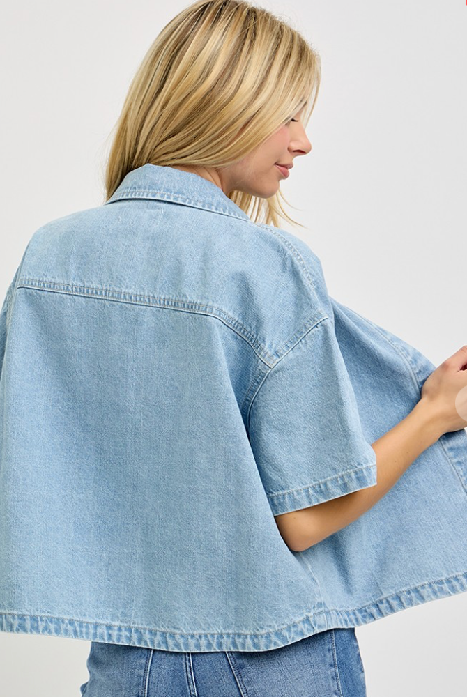 Short Sleeve Denim Button Down Top