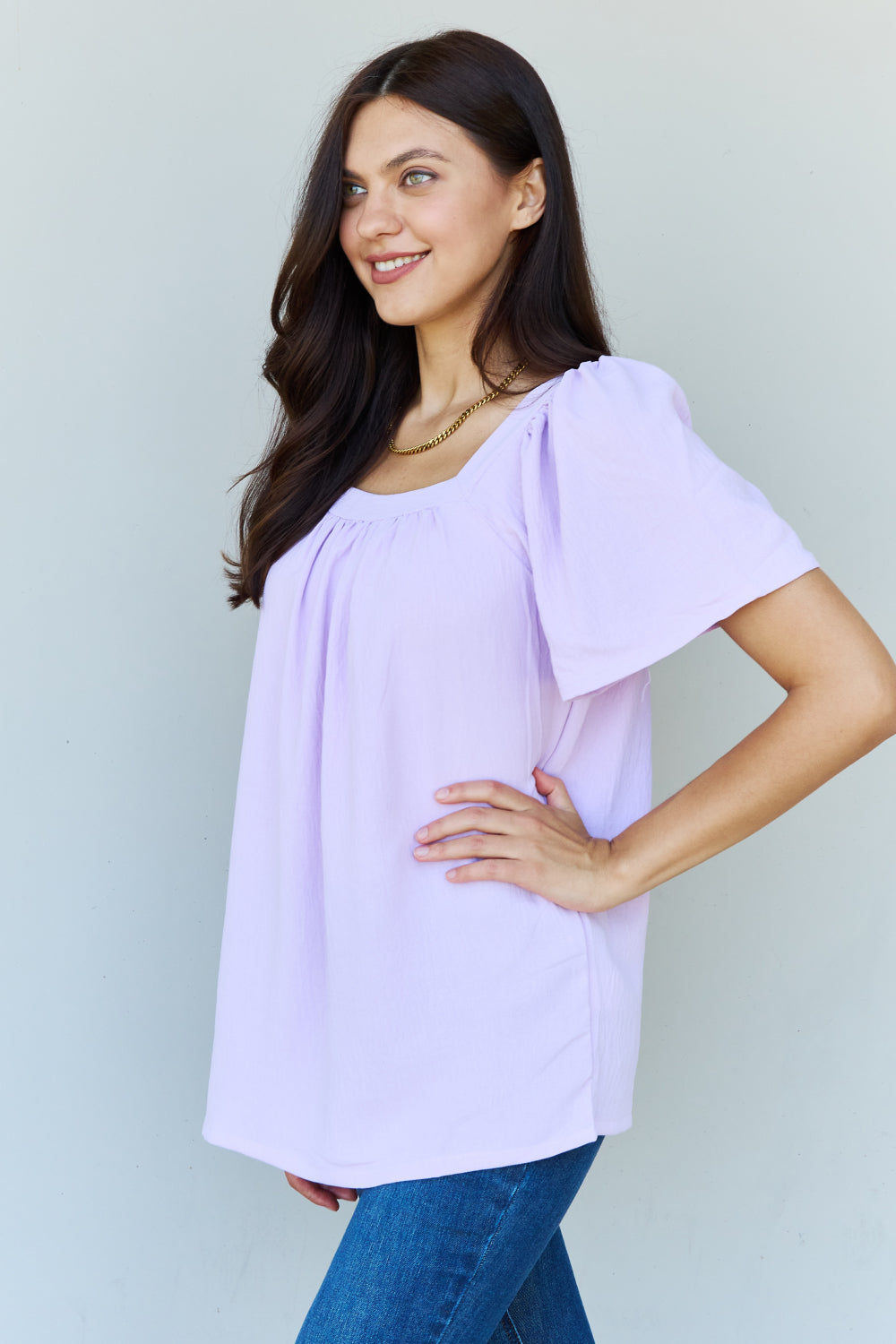 Square Neck Short Sleeve Blouse in Lavender