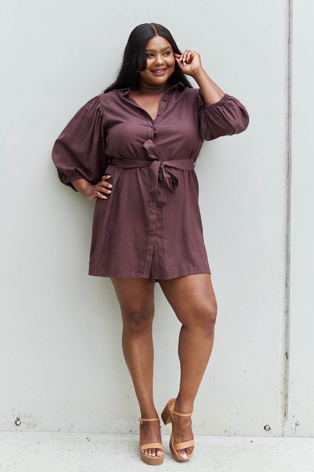 Half Sleeve Belted Mini Dress in Charcoal
