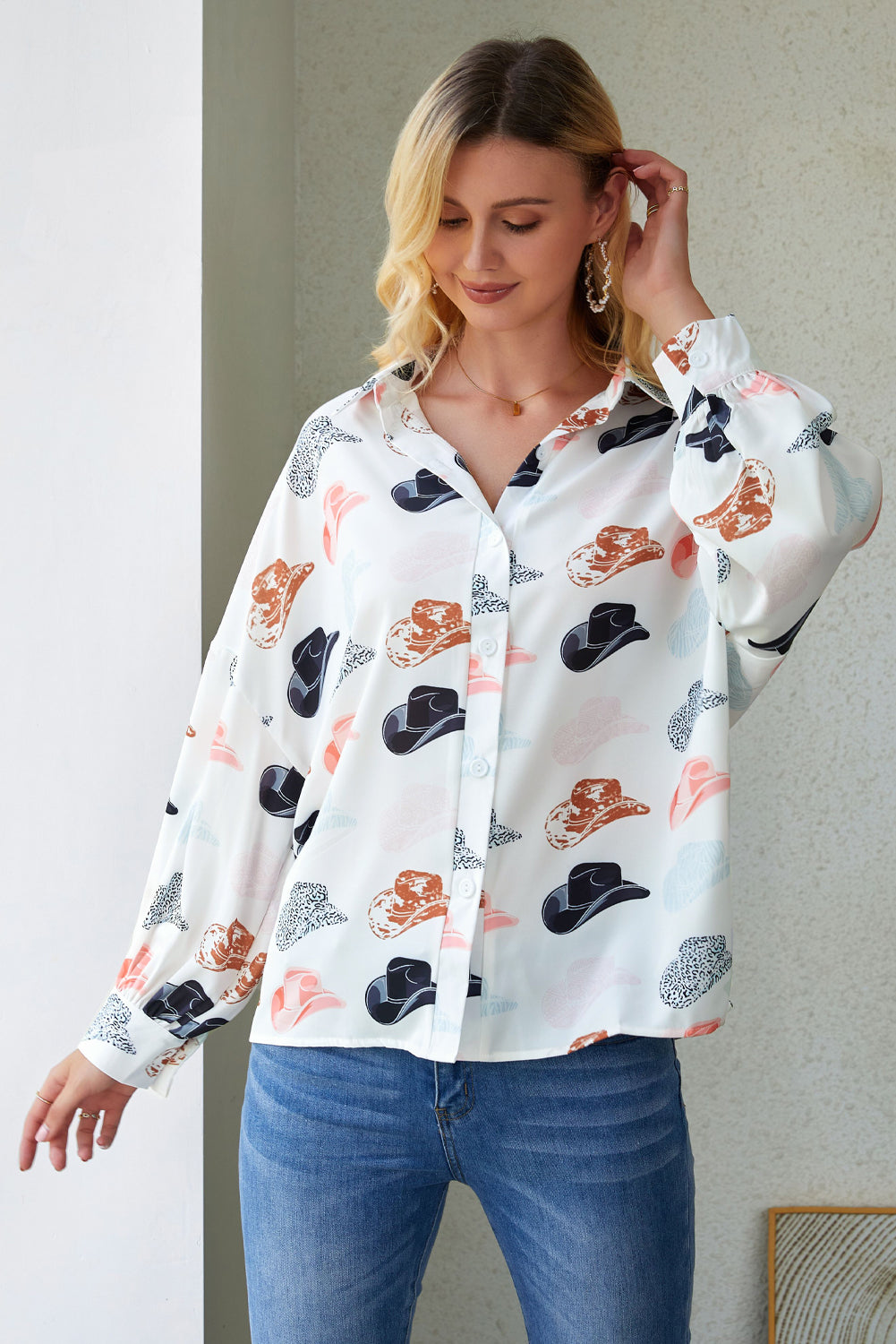 Cowboy Hat Print Button-Down Blouse