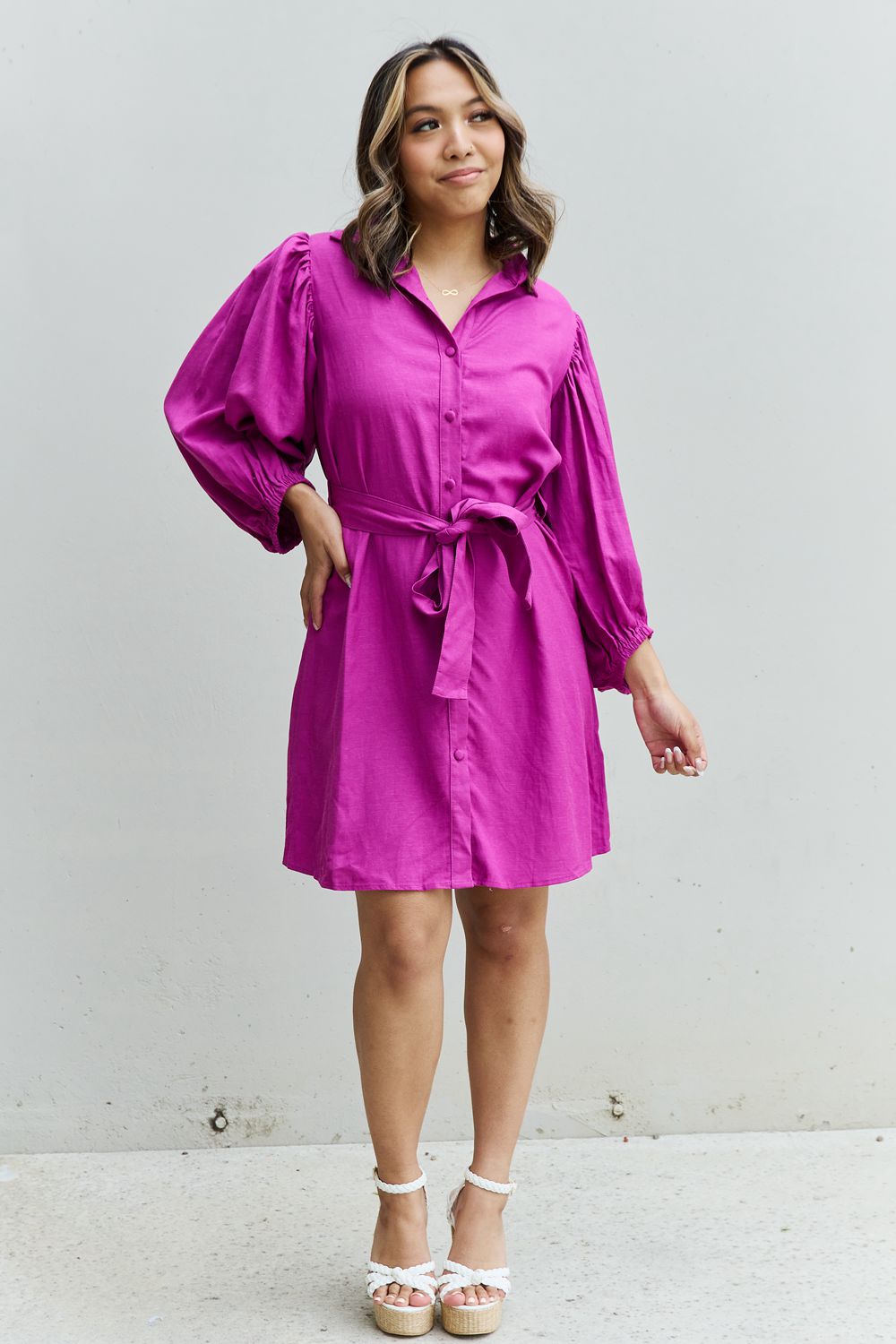 Half Sleeve Belted Mini Dress in Magenta