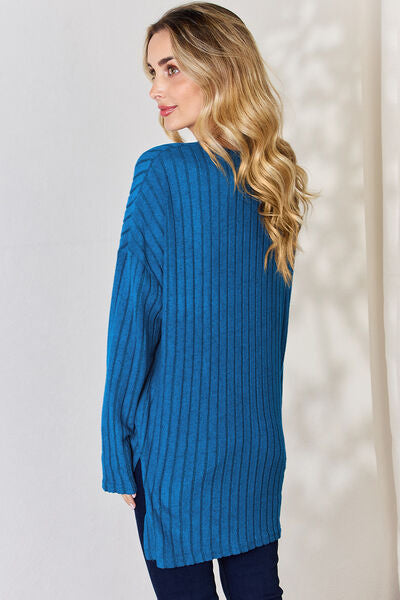 Ribbed Half Button Long Sleeve High-Low T-Shirt