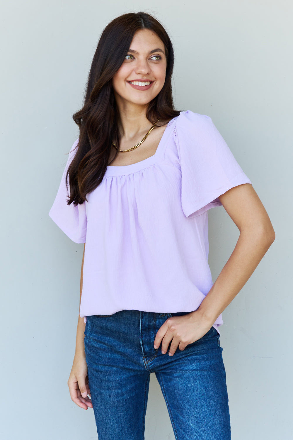 Square Neck Short Sleeve Blouse in Lavender
