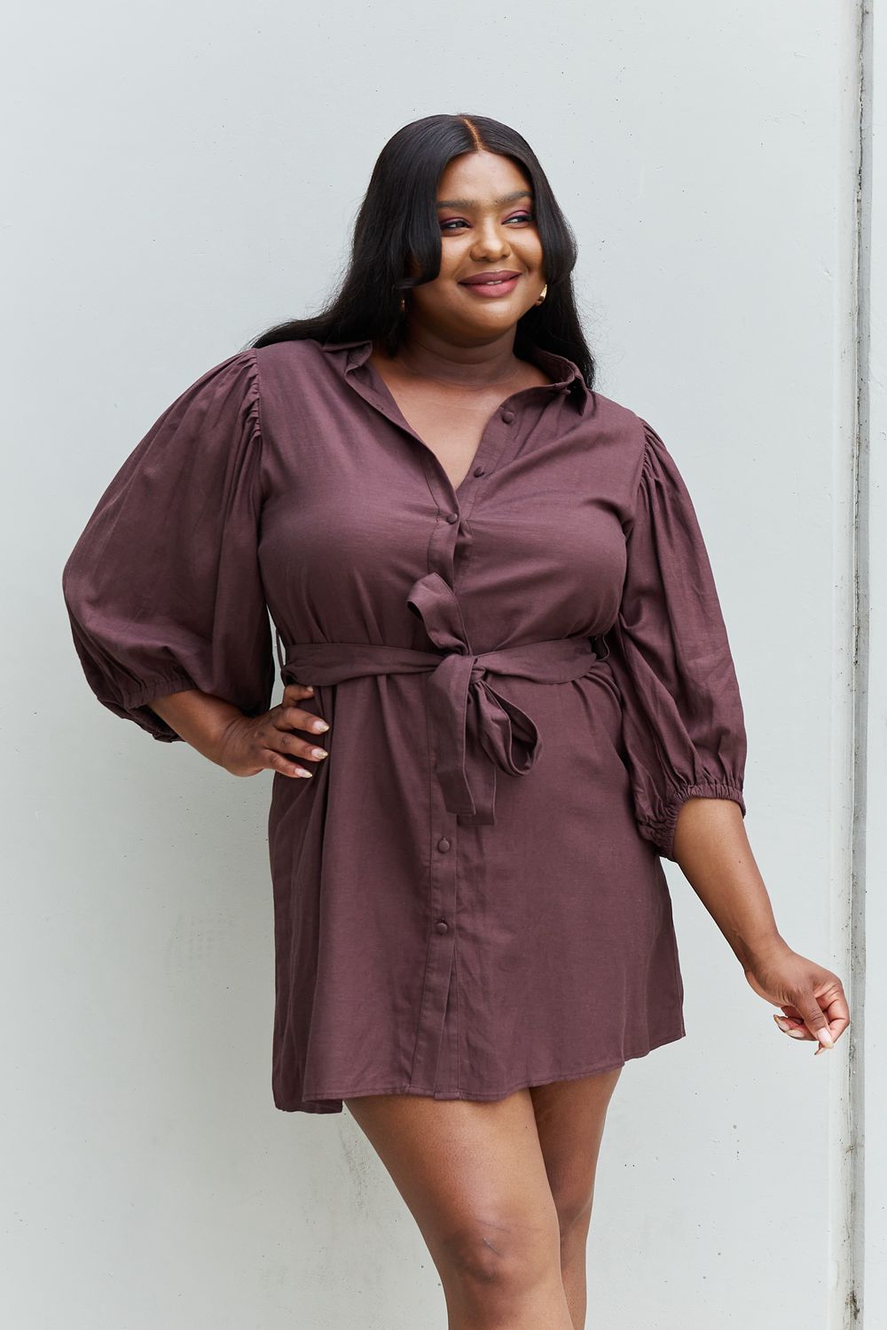 Half Sleeve Belted Mini Dress in Charcoal
