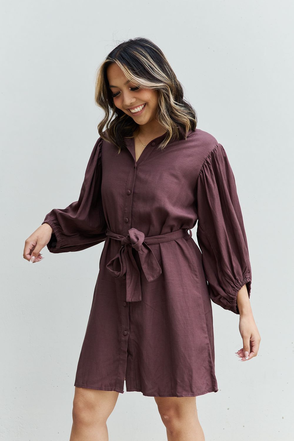 Half Sleeve Belted Mini Dress in Charcoal
