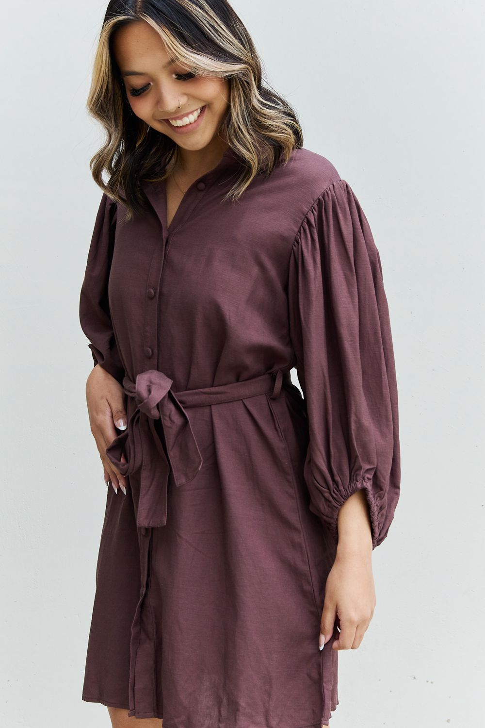 Half Sleeve Belted Mini Dress in Charcoal