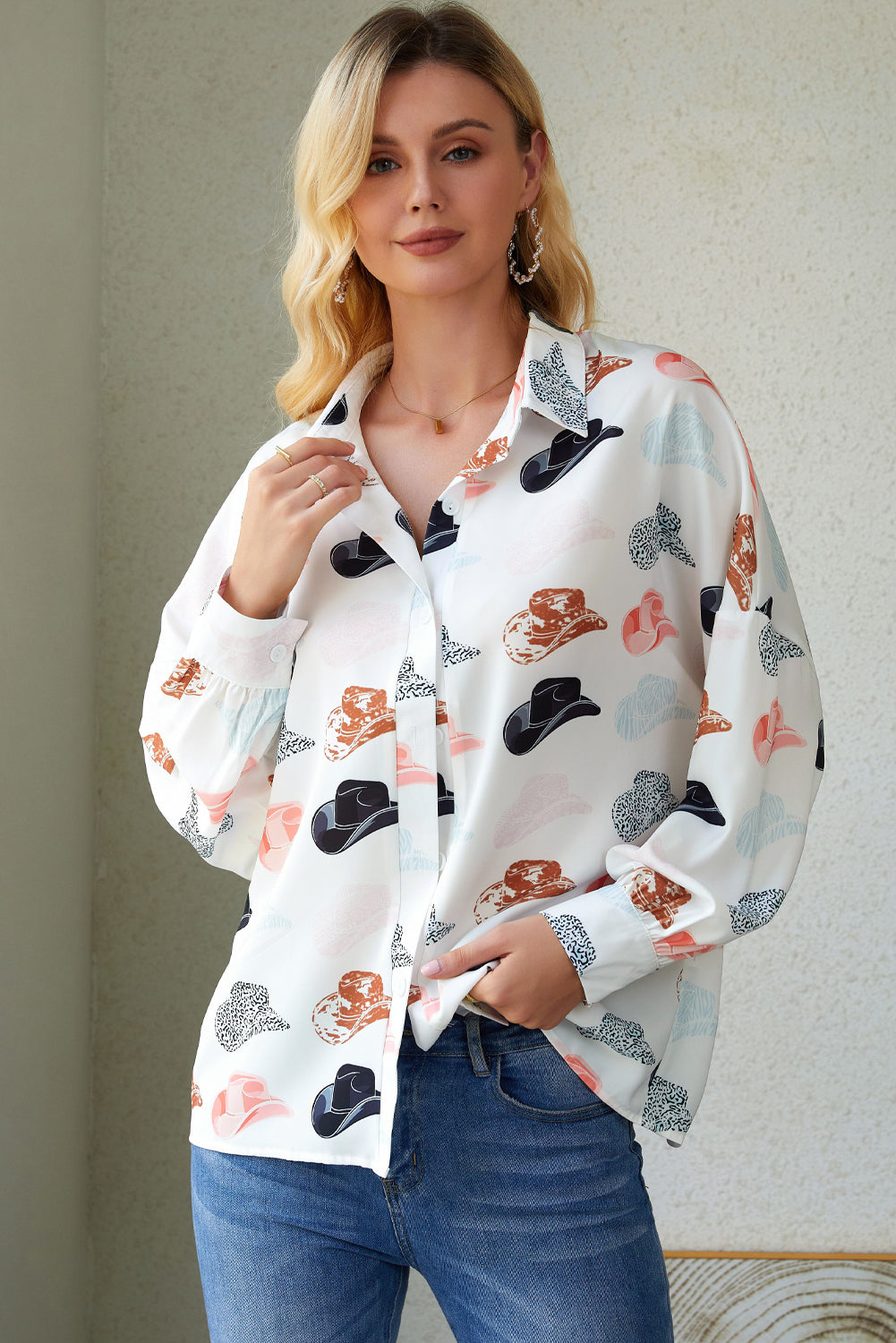 Cowboy Hat Print Button-Down Blouse