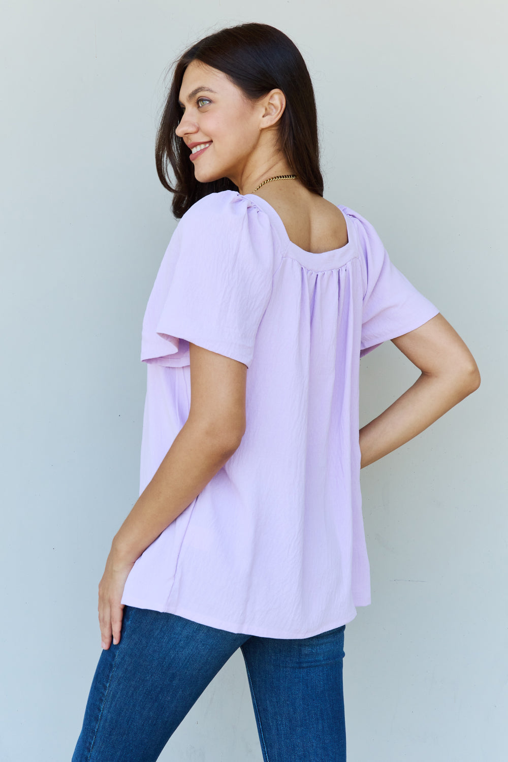 Square Neck Short Sleeve Blouse in Lavender