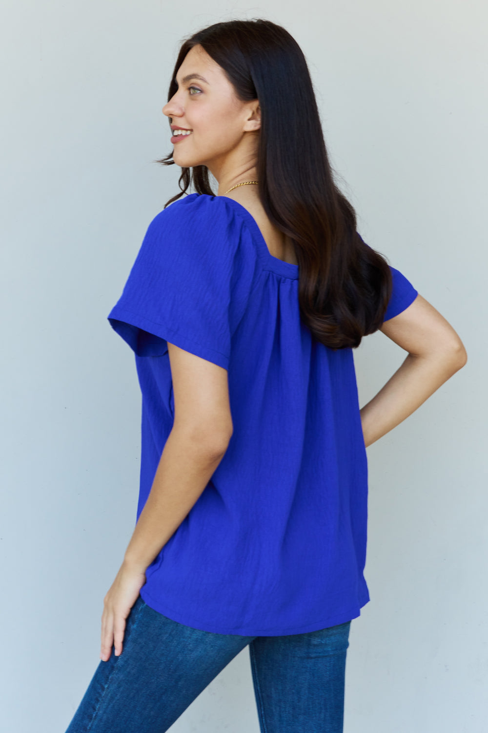 Square Neck Short Sleeve Blouse in Royal