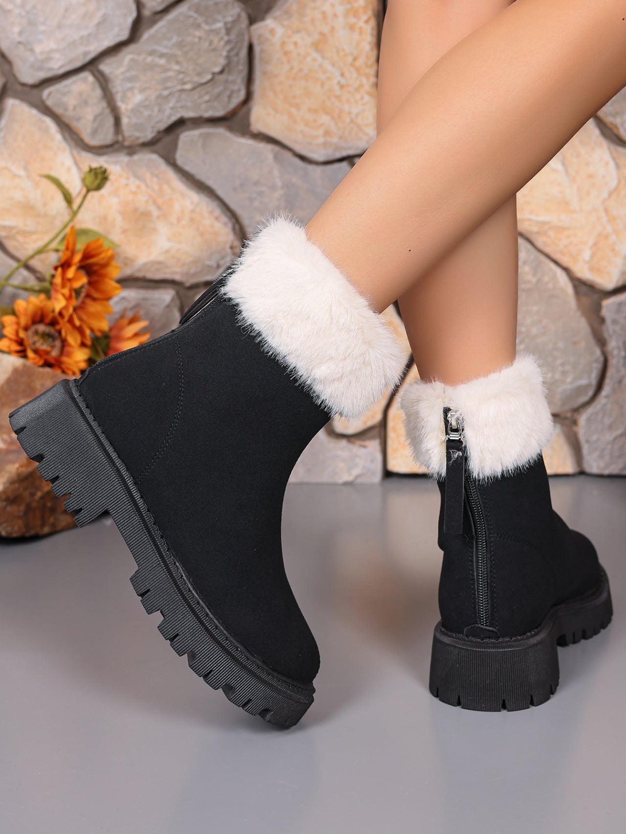 Faux Fur Trim Suede Platform Boots