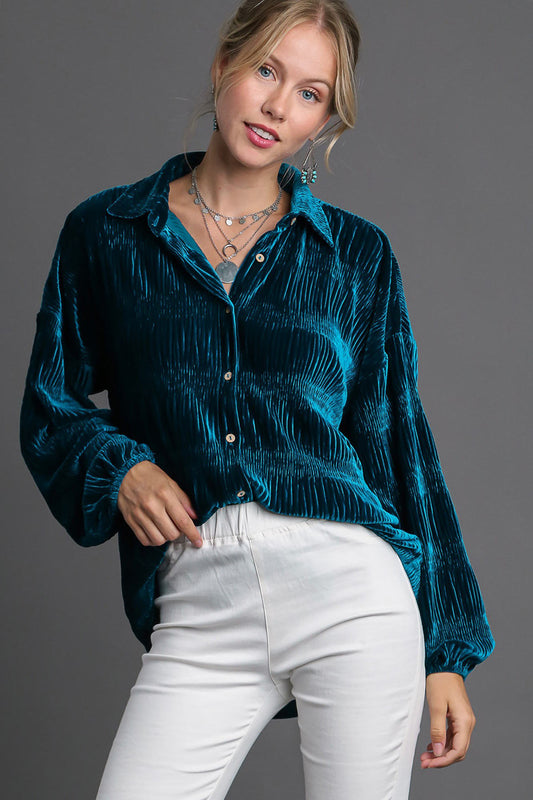 Umgee Ruched Tiered Button Up Shirt