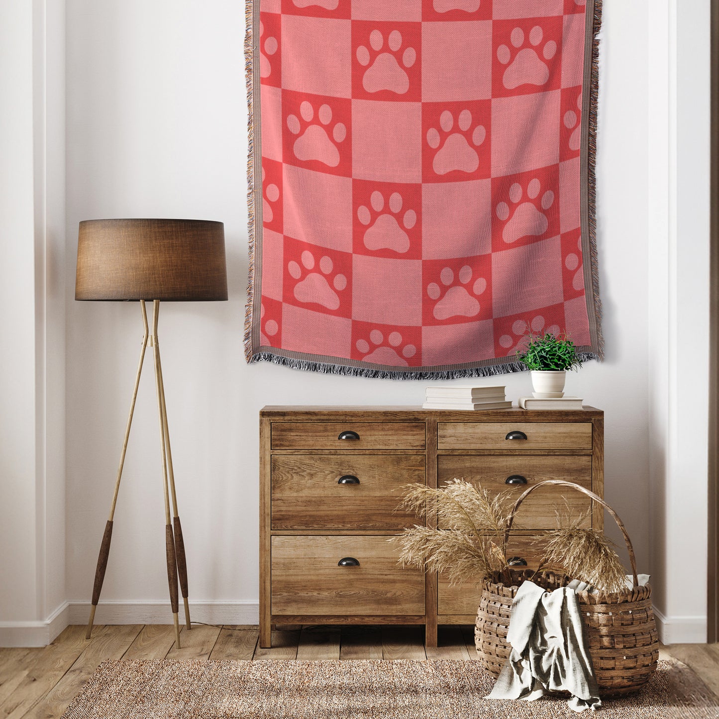 Paw Print Woven Throw, 50in x 60in, Pink and Red Blanket, Bright Dog Throw Blanket, Dog Lover Gift, Pet Owner Gift