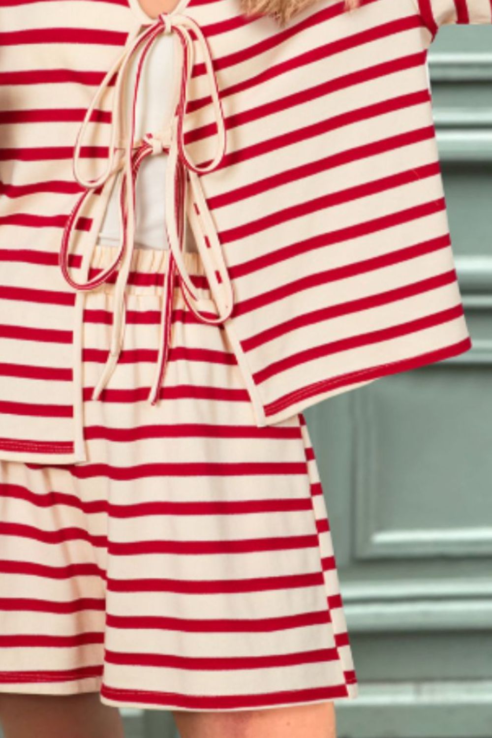 Tied Striped V-Neck Top and Shorts Set