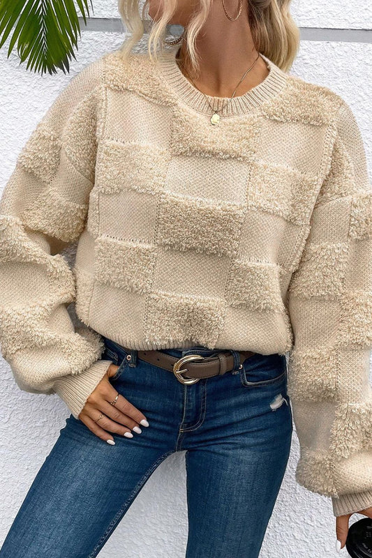 Checkered Round Neck Dropped Shoulder Sweater