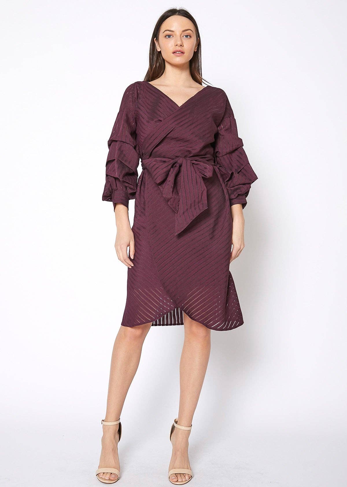 Stripe Wrap Dress in Burgundy