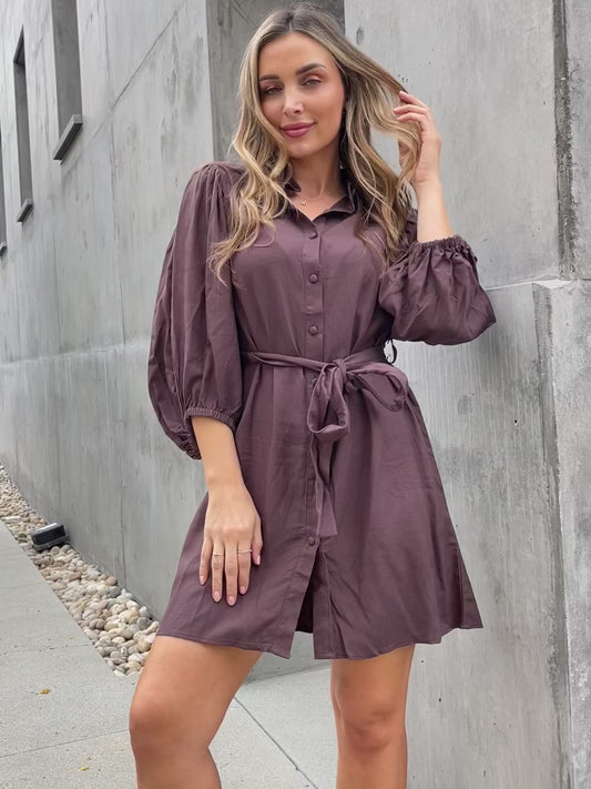 Half Sleeve Belted Mini Dress in Charcoal