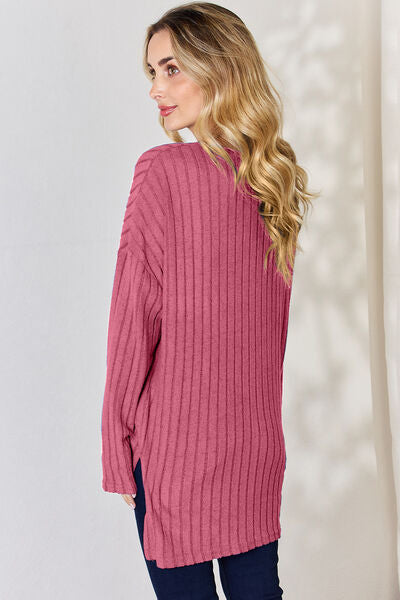 Ribbed Half Button Long Sleeve High-Low T-Shirt