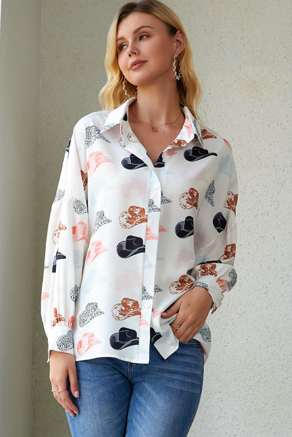 Cowboy Hat Print Button-Down Blouse