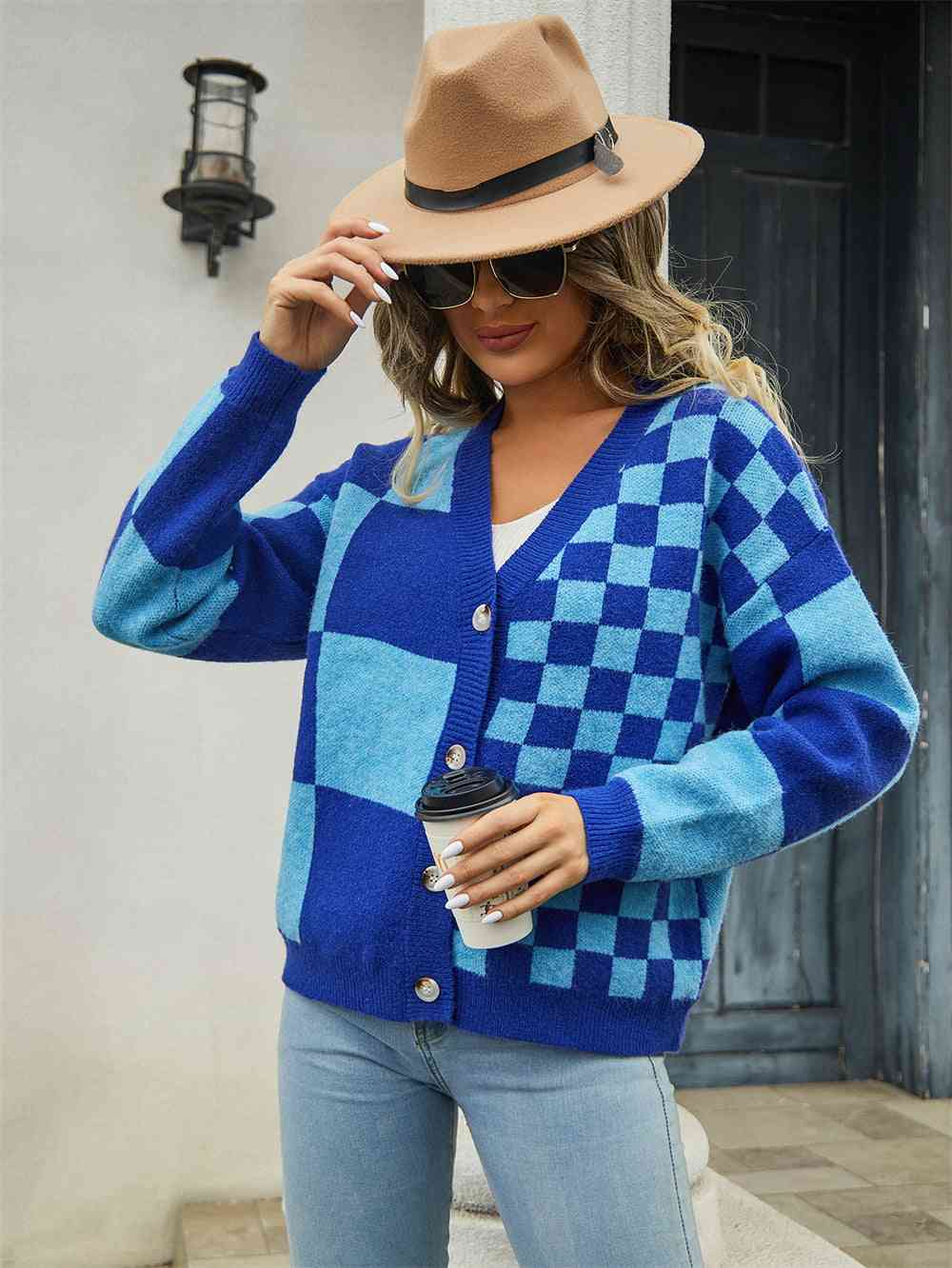 Plaid V Neck Dropped Shoulder Cardigan