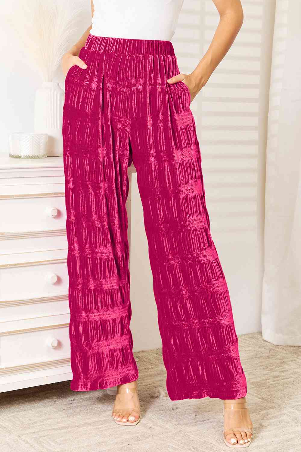 High Waist Tiered Shirring Velvet Wide Leg Pants